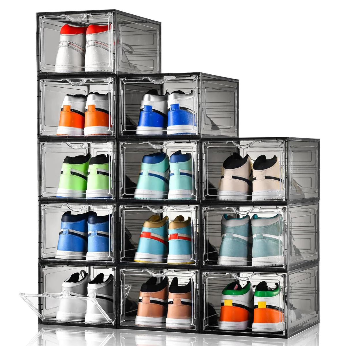 Clemate Upgraded X-Large Shoe Organizer,Shoe Storage Organizer,12 Pack,Shoe Box Clear Plastic Stackable,Drop Front Shoe Box with Clear Door, Shoe Containers For Sneaker Display,Fit up to US Size12