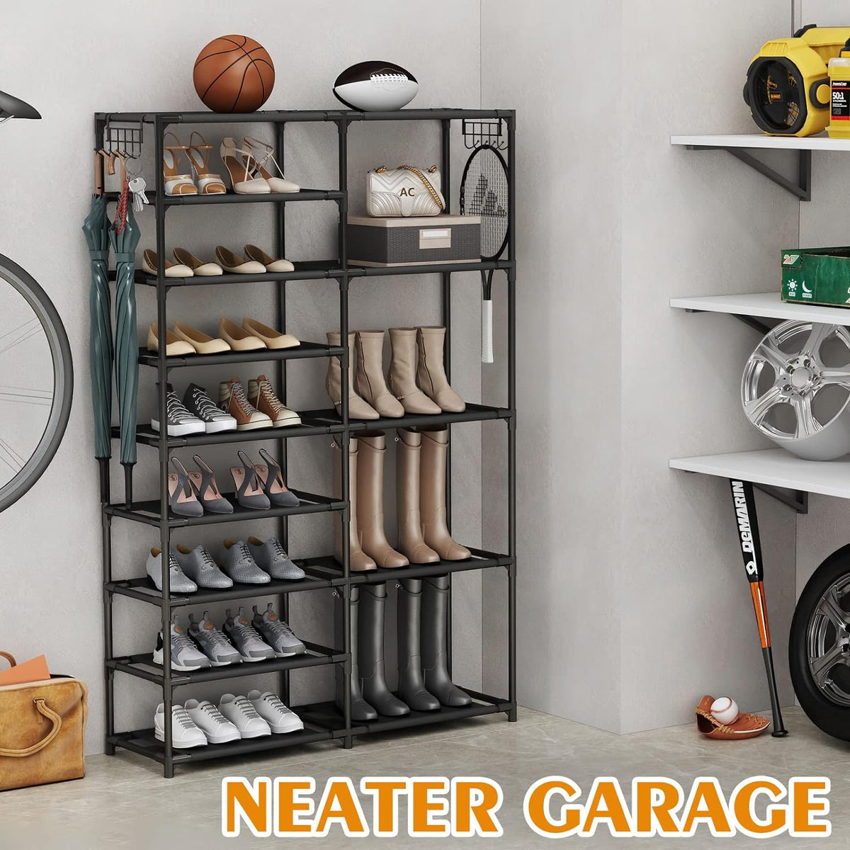 CSXGBAB 9-Tier Shoe Rack Organizer, Tall Garage Shoe Rack, Boot Rack, Black