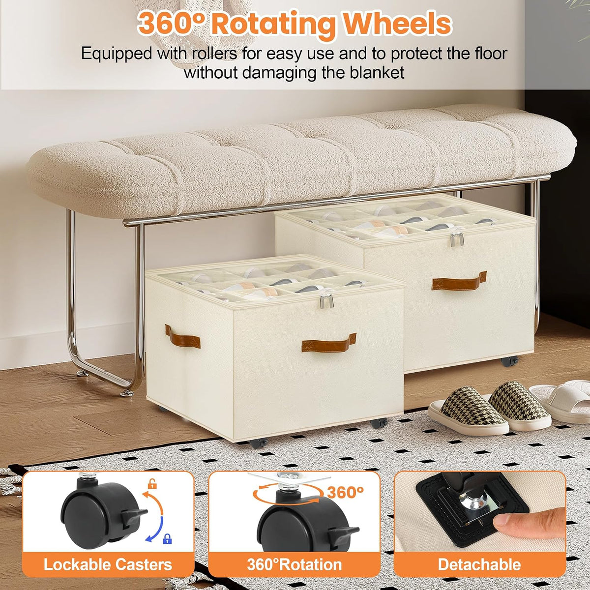 Foyego 2 Pack Shoe Organizer for Closet, Shoe Storage with Wheels, Beige