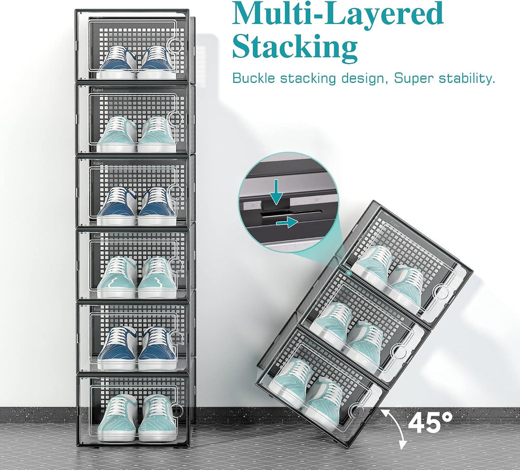 Kuject 12 Pack Large Shoe Boxes, Clear Stackable Containers with Lids,Black