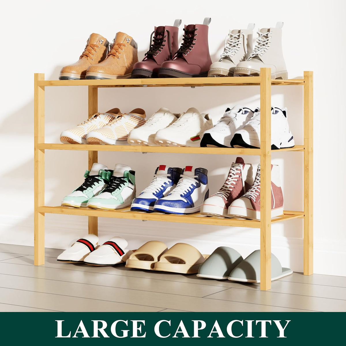 Smiry Bamboo Shoe Rack, 12 Vertical Slats, 3 Tier - 26.8" Wide, Natural