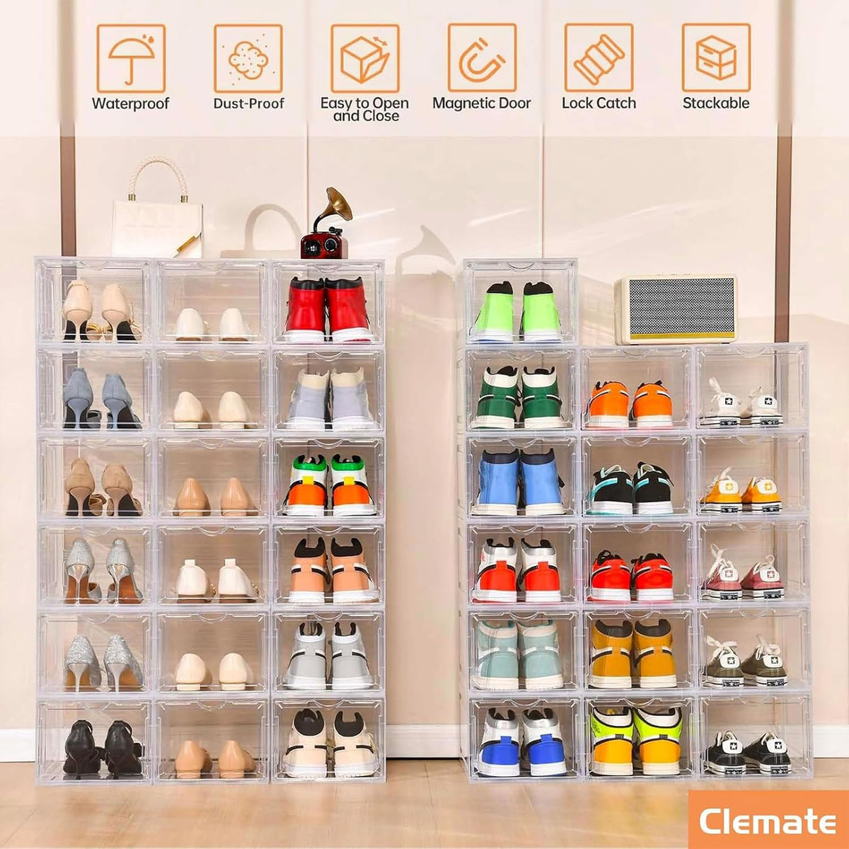 Clemate Upgraded X-Large Shoe Organizer,Shoe Storage Organizer,12 Pack,Shoe Box Clear Plastic Stackable,Drop Front Shoe Box with Clear Door, Shoe Containers For Sneaker Display,Fit up to US Size12