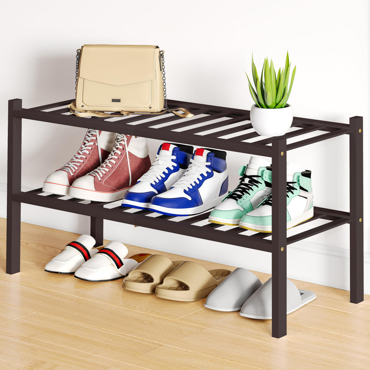 Smiry Bamboo Shoe Rack, 12 Vertical Slats, 3 Tier - 26.8" Wide, Natural