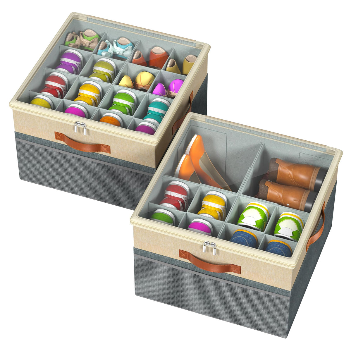 Shoe Organizer for Closet, 2 Pack Foldable Shoe Storage Organizer Box Bin with Adjustable Dividers and Clear Cover, Fits up to 16-32 Pairs（Grey&Beige）