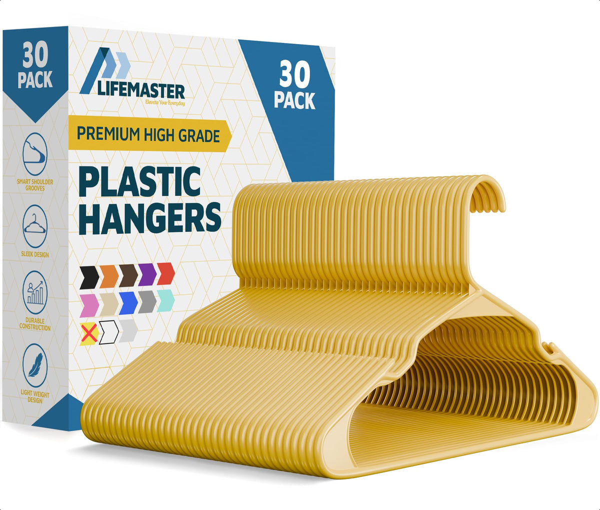 Lifemaster Plastic Clothes Hanger Set - 30 Pieces Versatile, Lightweight, Space-Saving, Non-Slip, Slim Designed, Dry and Wet Clothes Hanger Set - White