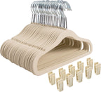 Finnhomy Non-Slip Clothes Hanger for Baby and Kids 30-Pack Velvet Hangers with 10 Finger Clips,Beige