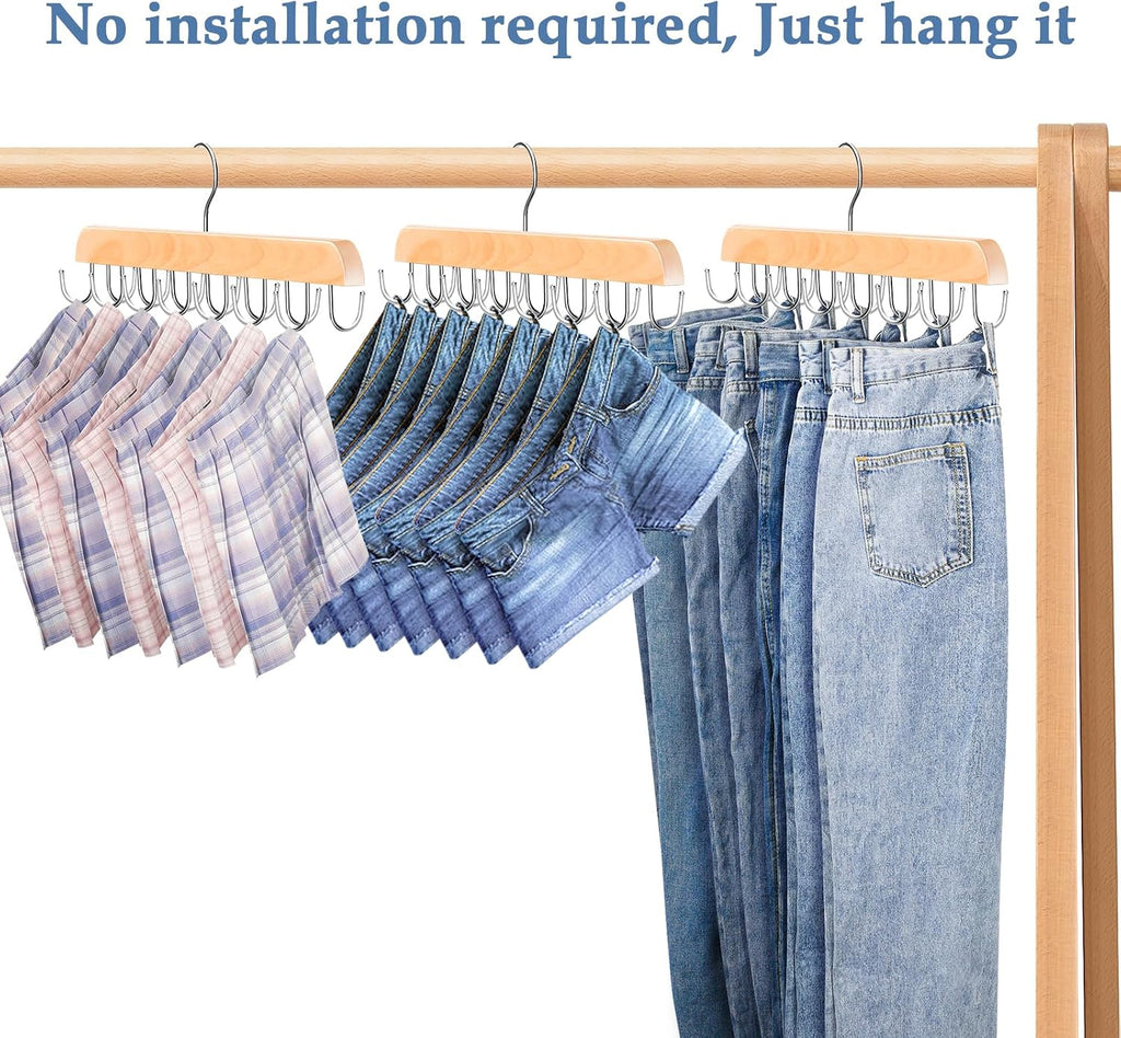 Jean Hangers for Closet, 14 Wood Jeans Hooks Space Saving, 180° Rotating Jean Hangers Holder for Skirts/Shorts/Belts/Ties, Closet Organizers and Storage, Pants Hooks for Jeans, 2 Pack, Natrual