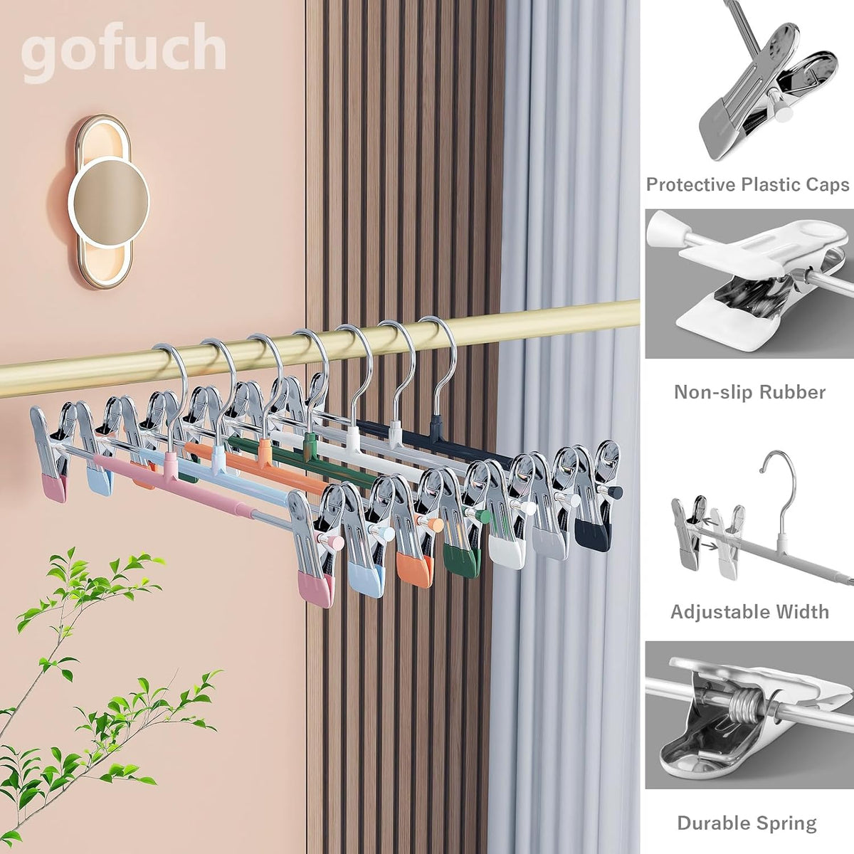 Pants Hangers with Clips - 8 Pack Heavy Duty, Non-Slip Adjustable Space Saving Skirt Hangers for Pants, Jeans, Shorts | Black | 12 Inch