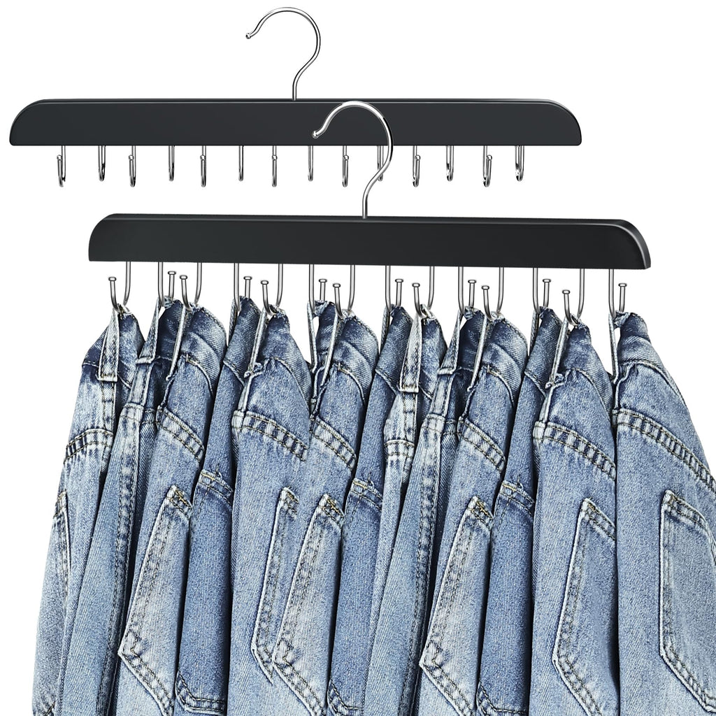 Jean Hangers for Closet, 14 Wood Jeans Hooks Space Saving, 180° Rotating Jean Hangers Holder for Skirts/Shorts/Belts/Ties, Closet Organizers and Storage, Pants Hooks for Jeans, 2 Pack, Natrual