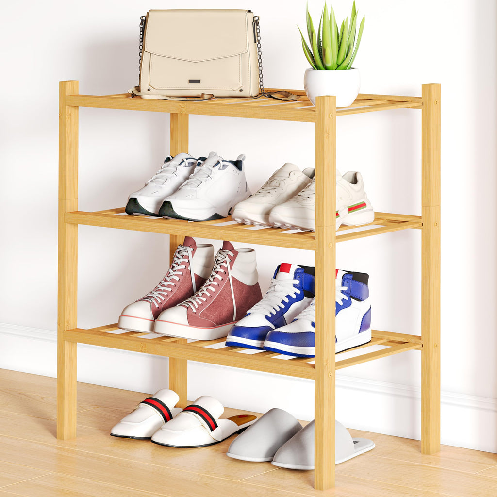 Smiry Bamboo Shoe Rack, 12 Vertical Slats, 3 Tier - 26.8" Wide, Natural