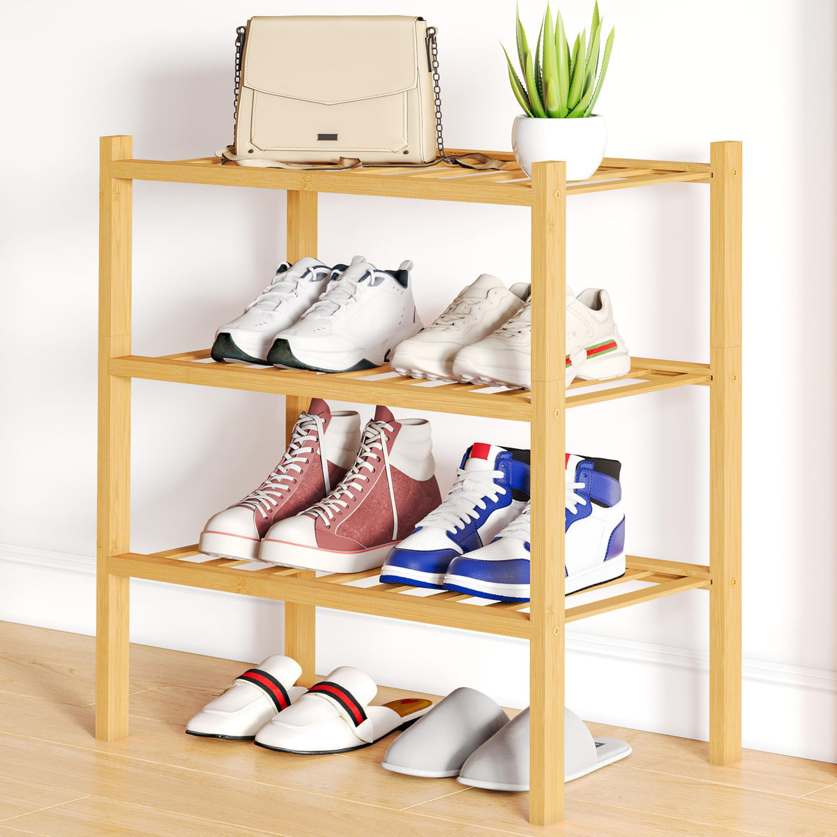 Smiry Bamboo Shoe Rack, 12 Vertical Slats, 3 Tier - 26.8" Wide, Natural