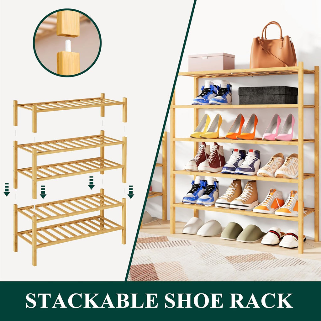Smiry Bamboo Shoe Rack, 12 Vertical Slats, 3 Tier - 26.8" Wide, Natural