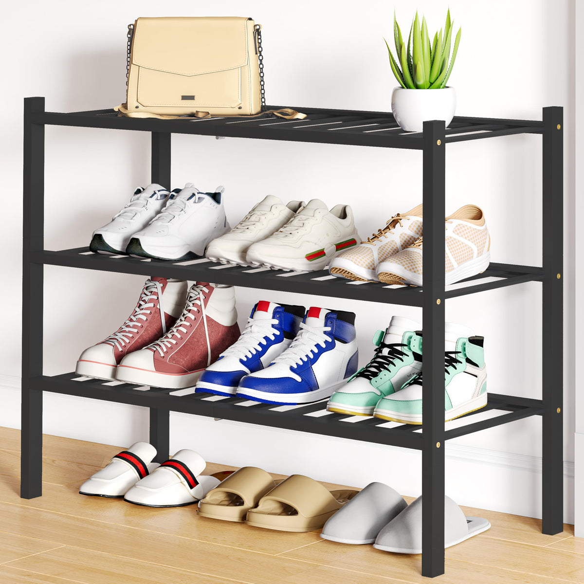 Smiry Bamboo Shoe Rack, 12 Vertical Slats, 3 Tier - 26.8" Wide, Natural
