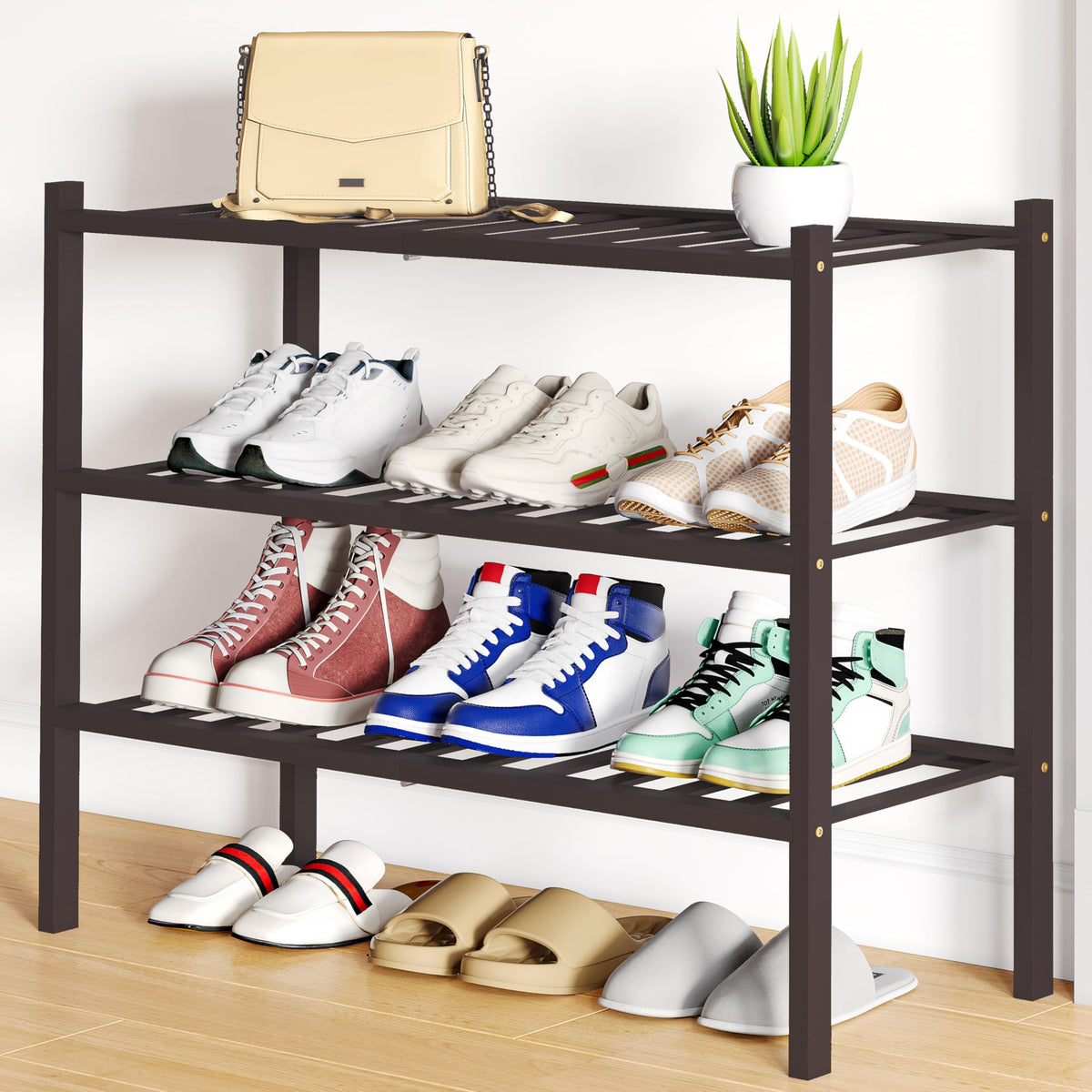 Smiry Bamboo Shoe Rack, 12 Vertical Slats, 3 Tier - 26.8" Wide, Natural