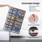 eWonLife X-Large Shoe Boxes with Magnetic Door, 12-Pack Stackable Shoes Storage Organizer for Closet, Clear Plastic Sneaker Container Shoe Rack for Size 12, Black
