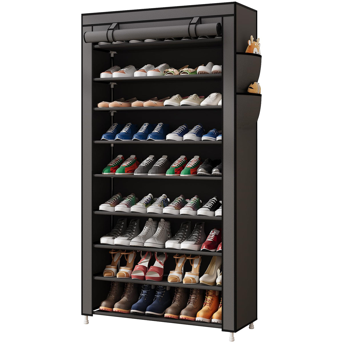 Laiensia 9-Tier Vertical Shoe Rack Organizer, Space Saving Shoe Storage Organizer, Non-Woven Cover Shoe Shelf Holds 36-45 Pairs for Bedroom, Hallway, Closet Entryway, Black