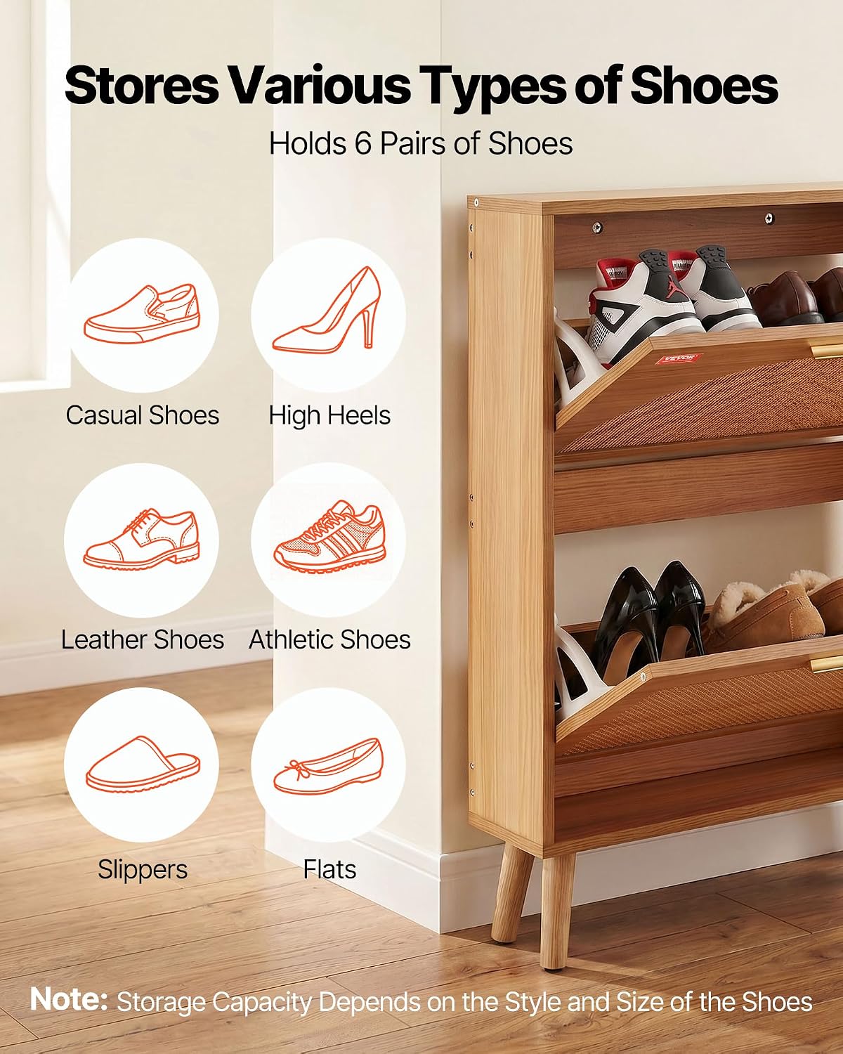 VEVOR Shoe Cabinet with 2 Flip Drawers, Shoe Storage Cabinet for Entryway, Free Standing Shoe Storage Organizer with Rattan Doors for Heels, Boots, Slippers in Hallway, Living Room