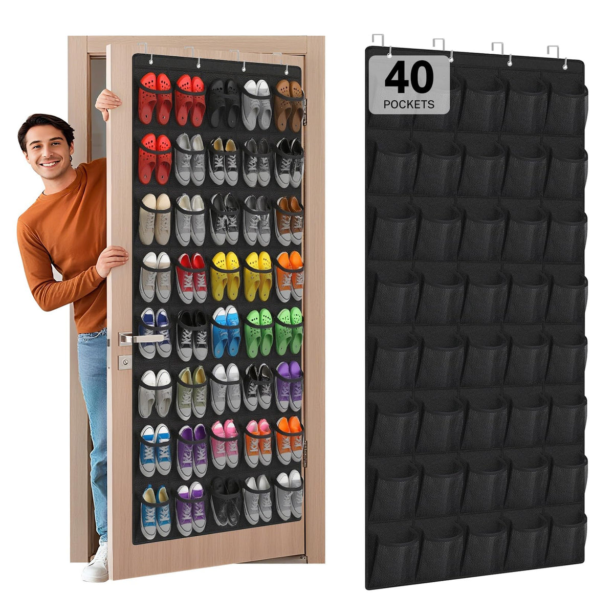 40 Large Mesh Pocket Over the Door Shoe Organizer,Hanging Shoe Rack for Door,Hualleko Shoes Organizer Hanger with Large Capacity, Shoes Storage Holder Sturdy Non-woven Fabric - Stores 20 Pairs (White)
