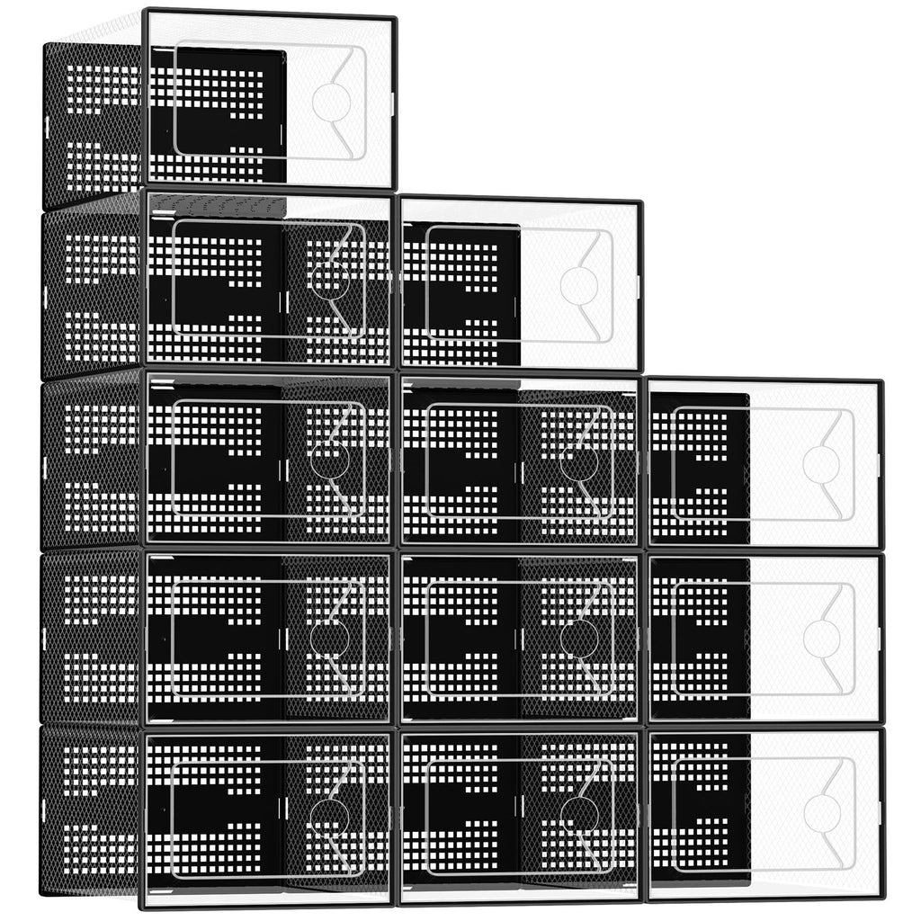 DUMOS Shoe Storage Boxes, 12-Pack Stackable Clear Shoe Containers with Lids, Display Sneaker Case Organizer for Closet, Under Bed, Entryway,White, Fit Size 11
