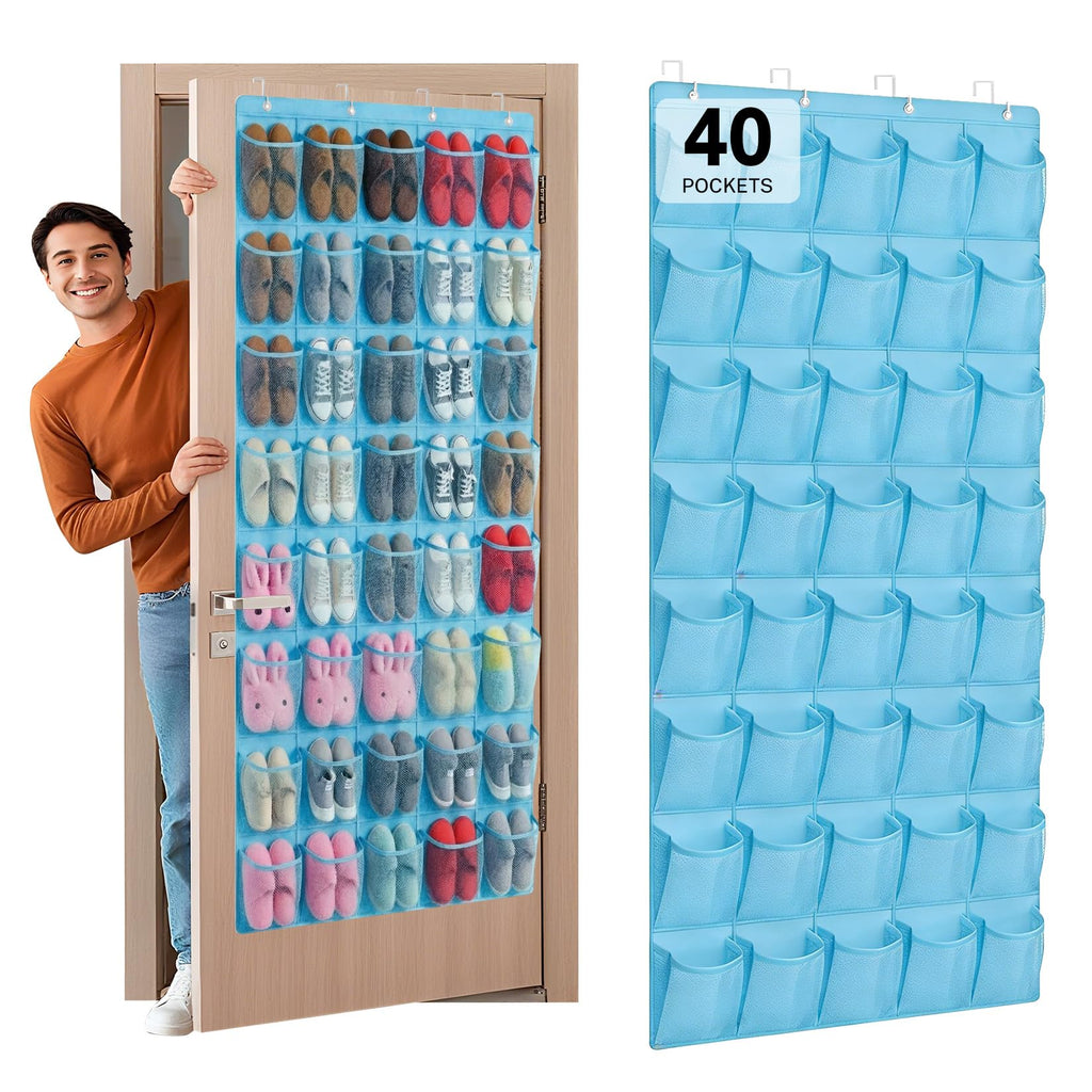 40 Large Mesh Pocket Over the Door Shoe Organizer,Hanging Shoe Rack for Door,Hualleko Shoes Organizer Hanger with Large Capacity, Shoes Storage Holder Sturdy Non-woven Fabric - Stores 20 Pairs (White)