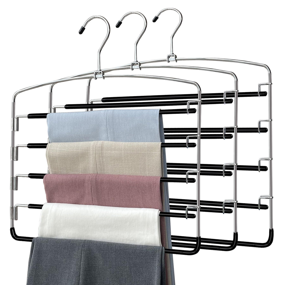 Pants Hangers 3 Pieces,5 Tier Closet Organizers and Storage Clothes Hanger,Hangers Space Saving with Swing Arm,Multiple Metal Hanger Clothes Organization for Pants Trousers Jeans Leggings Slacks