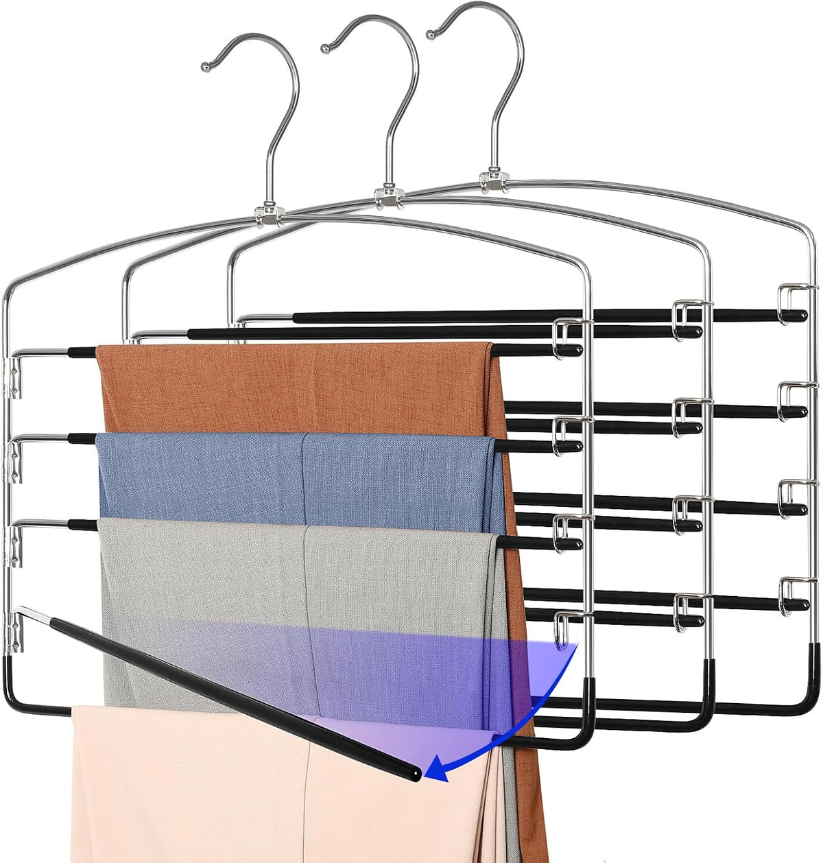TOPIA HANGER Pant Hangers Space Saving 3 Pack with Non Slip 5 Tiers Hangers