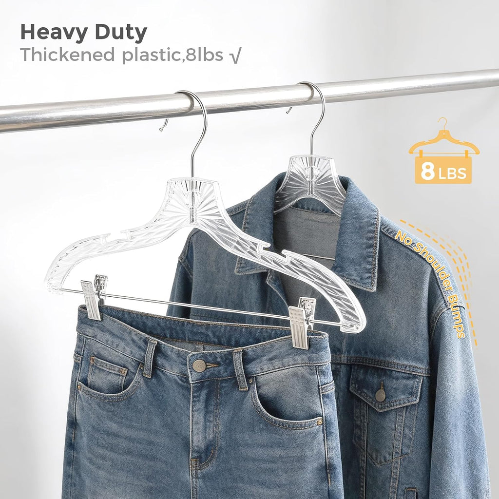 HOUSE DAY Clear Hangers with Clips 12 Pack, Set Hanger for Tops and Bottoms