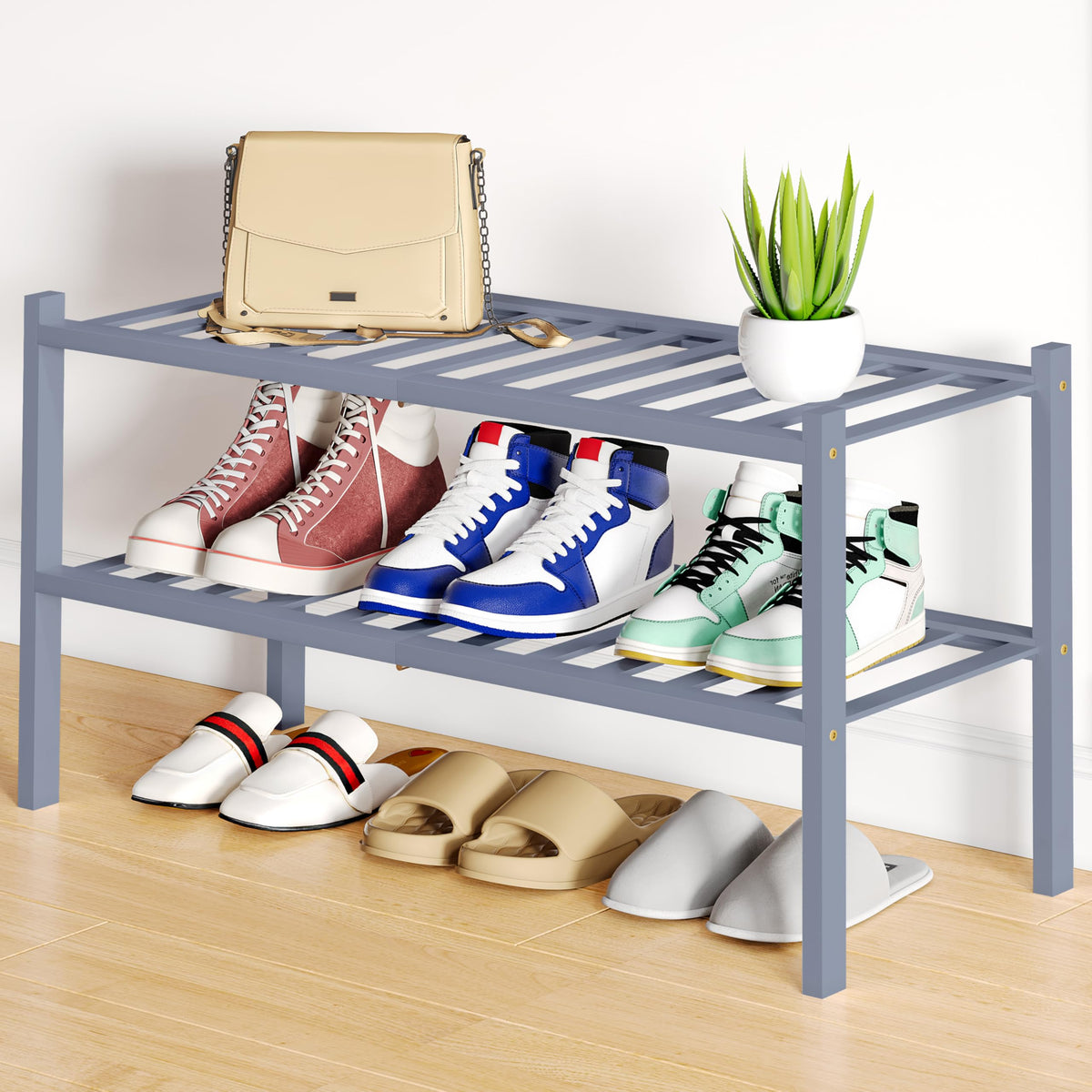 Smiry Bamboo Shoe Rack, 12 Vertical Slats, 3 Tier - 26.8" Wide, Natural