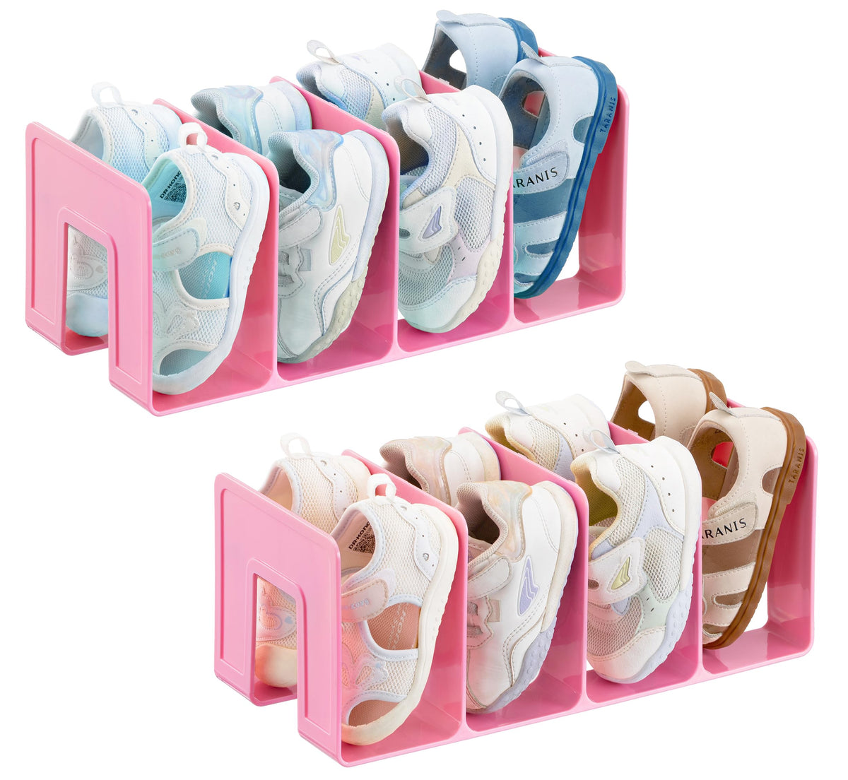 HBlife Clear Acrylic Kids Shoe Rack for Closet Organizers and Storage, Small Shoe Rack 4 Sections Toddler Baby Shoe Storage Organizer Stackable Shoe Shelf,Desk File Sorter Book Purse Organizer(2 Pack)