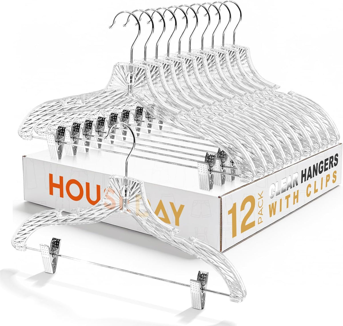 HOUSE DAY Clear Hangers with Clips 12 Pack, Set Hanger for Tops and Bottoms