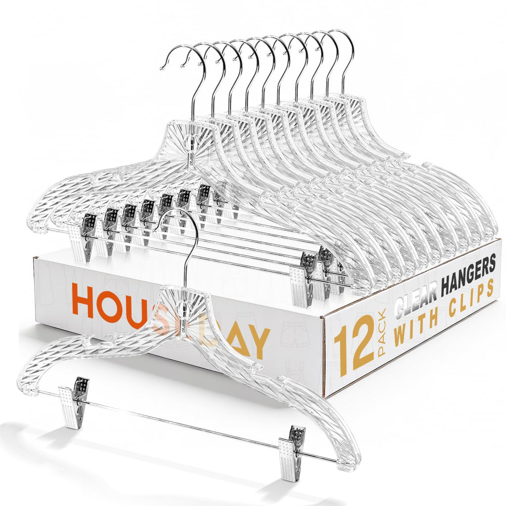 HOUSE DAY Clear Hangers with Clips 12 Pack, Set Hanger for Tops and Bottoms