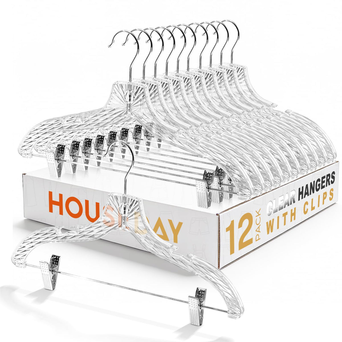 HOUSE DAY Clear Hangers with Clips 12 Pack, Set Hanger for Tops and Bottoms