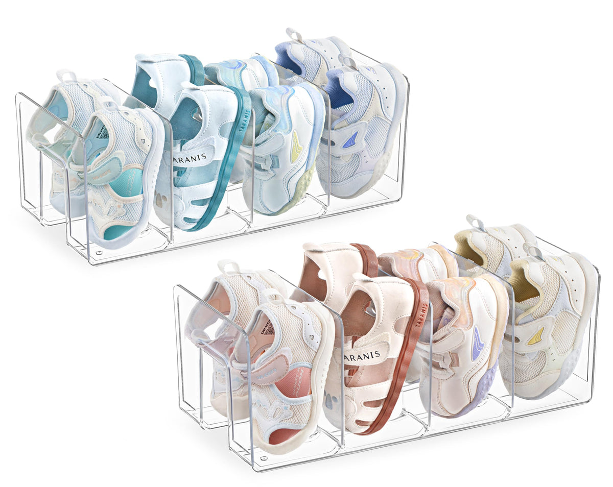 HBlife Clear Acrylic Kids Shoe Rack for Closet Organizers and Storage, Small Shoe Rack 4 Sections Toddler Baby Shoe Storage Organizer Stackable Shoe Shelf,Desk File Sorter Book Purse Organizer(2 Pack)