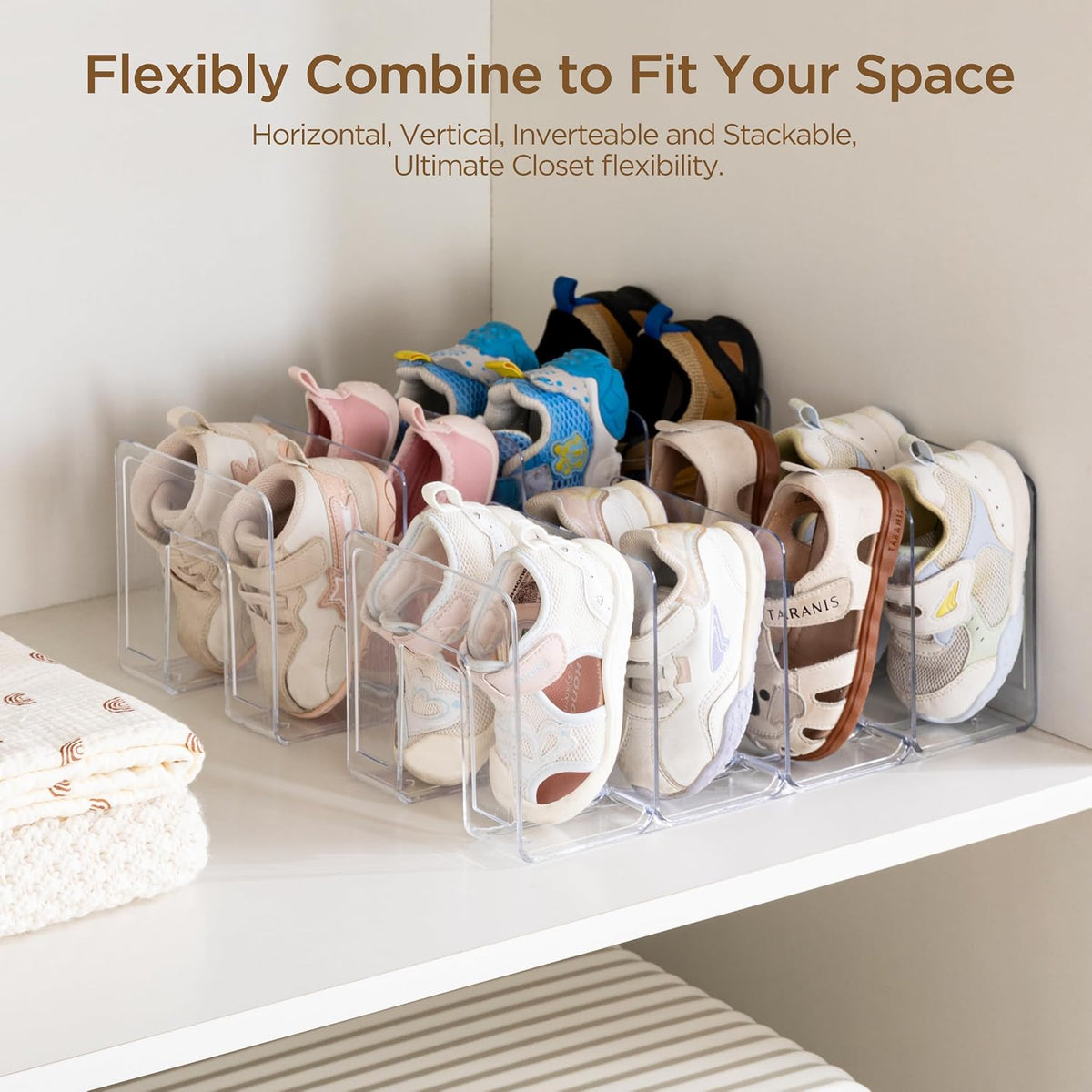 HBlife Clear Acrylic Kids Shoe Rack for Closet Organizers and Storage, Small Shoe Rack 4 Sections Toddler Baby Shoe Storage Organizer Stackable Shoe Shelf,Desk File Sorter Book Purse Organizer(2 Pack)