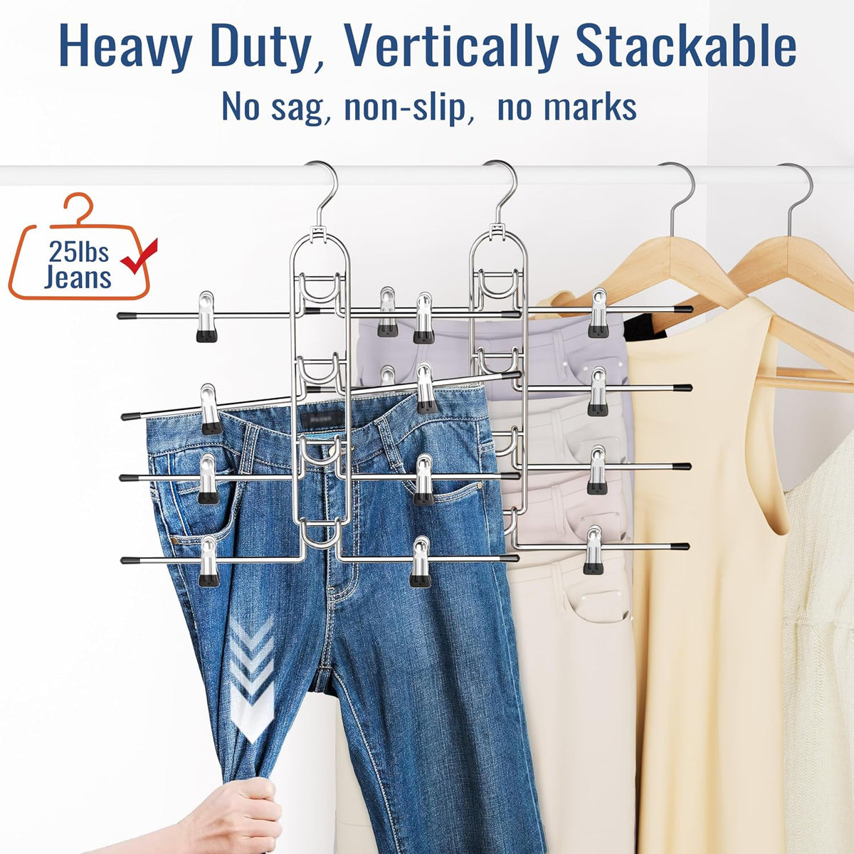 Pants Hangers With Clips, Newly Upgraded Detachable Space Saving Hangers for Skirts, Shorts & Trousers with Non slip clip,Heavy Duty Skirt Hangers - Hanging Closet Organizer And Storage,Patent Pending