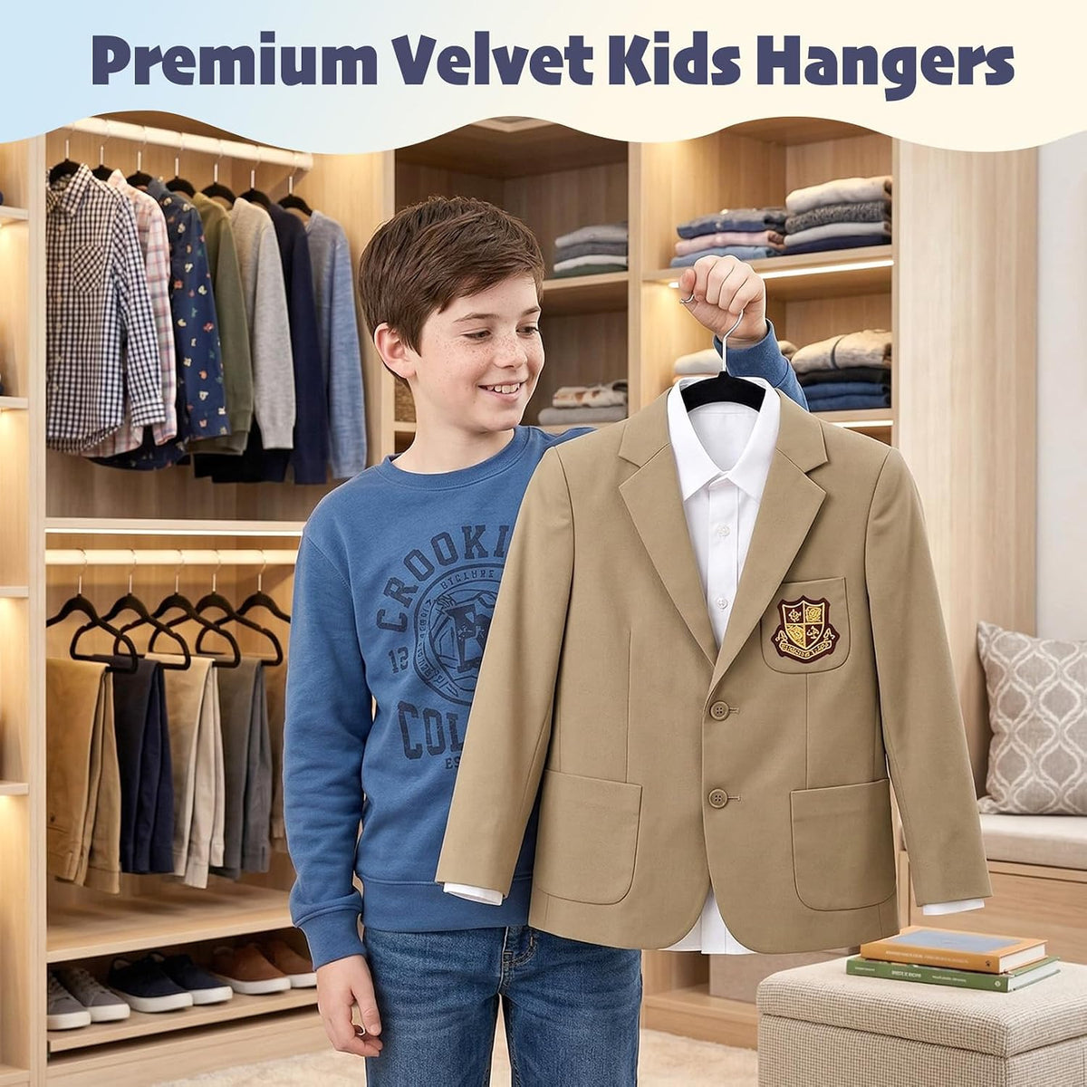 HOUSE DAY 14 Inch Kids Velvet Hangers 50 Pack, Durable Big Kid Hanger Black