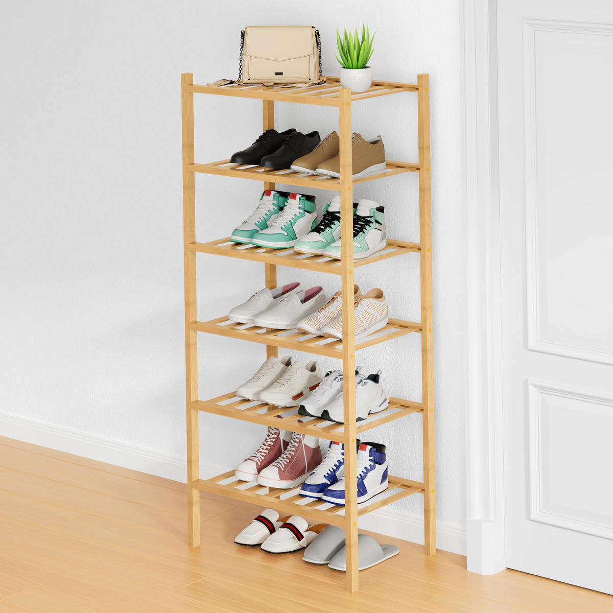 Smiry Bamboo Shoe Rack, 12 Vertical Slats, 3 Tier - 26.8" Wide, Natural
