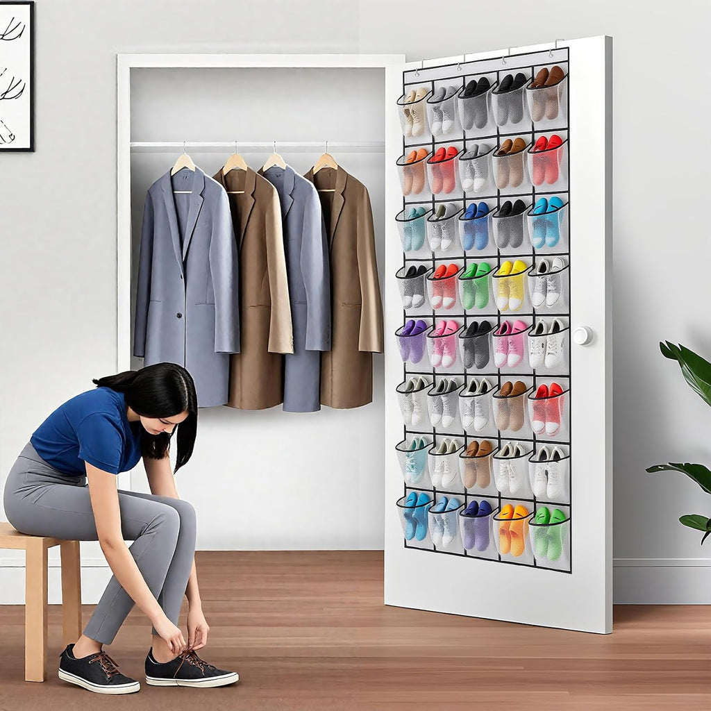40 Large Mesh Pocket Over the Door Shoe Organizer,Hanging Shoe Rack for Door,Hualleko Shoes Organizer Hanger with Large Capacity, Shoes Storage Holder Sturdy Non-woven Fabric - Stores 20 Pairs (White)