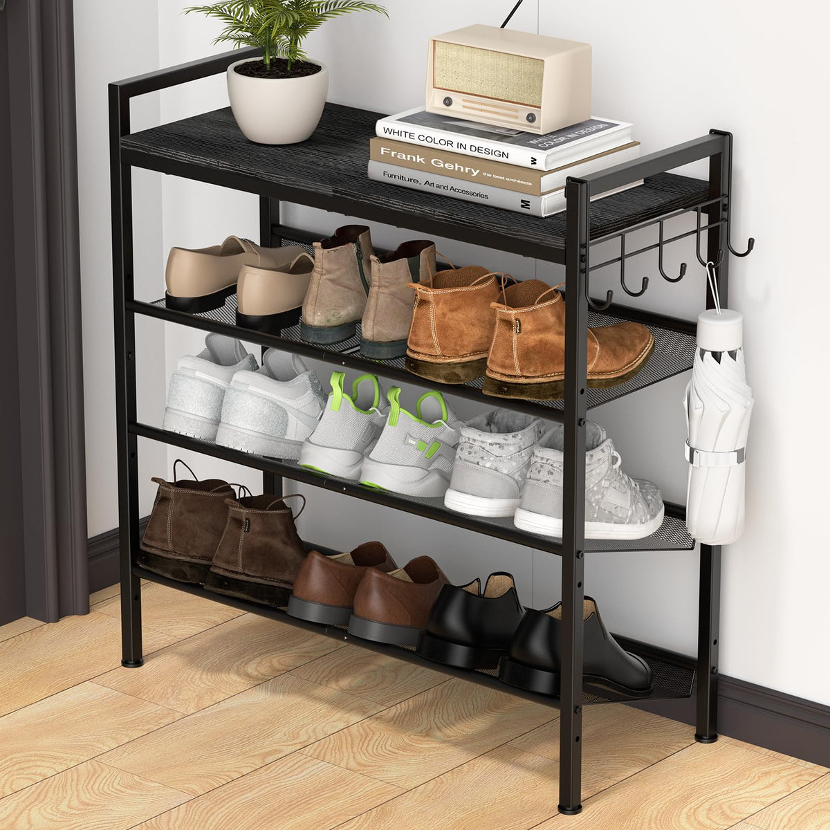 Refrze Shoe Rack for Front Door Entrance, 4 Tier Height-Adjustable Metal Shoe Rack, Sturdy Wooden Top and Tiltable Steel Frame Heavy Duty Shoe Organizer for Bathroom,Bedroom,Kitchen，Include Hook