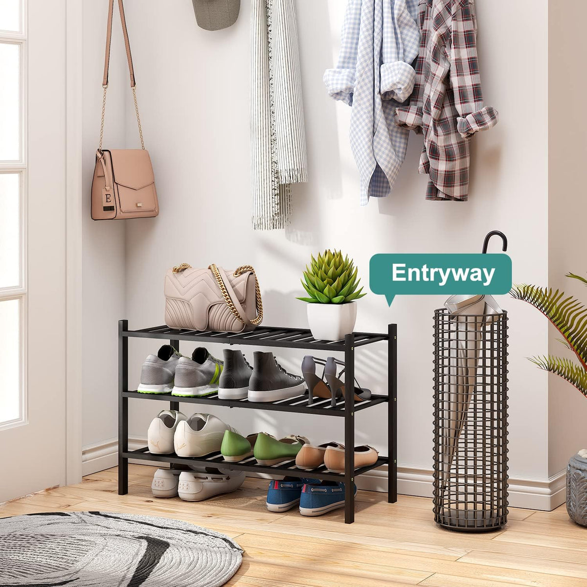 viewcare 3-Tier Black Bamboo Shoe Rack for Entryway, Stackable | Foldable | Natural, Shoe Shelf Storage Organizer for Hallway Closet, Free Standing Shoe Racks for Indoor Outdoor