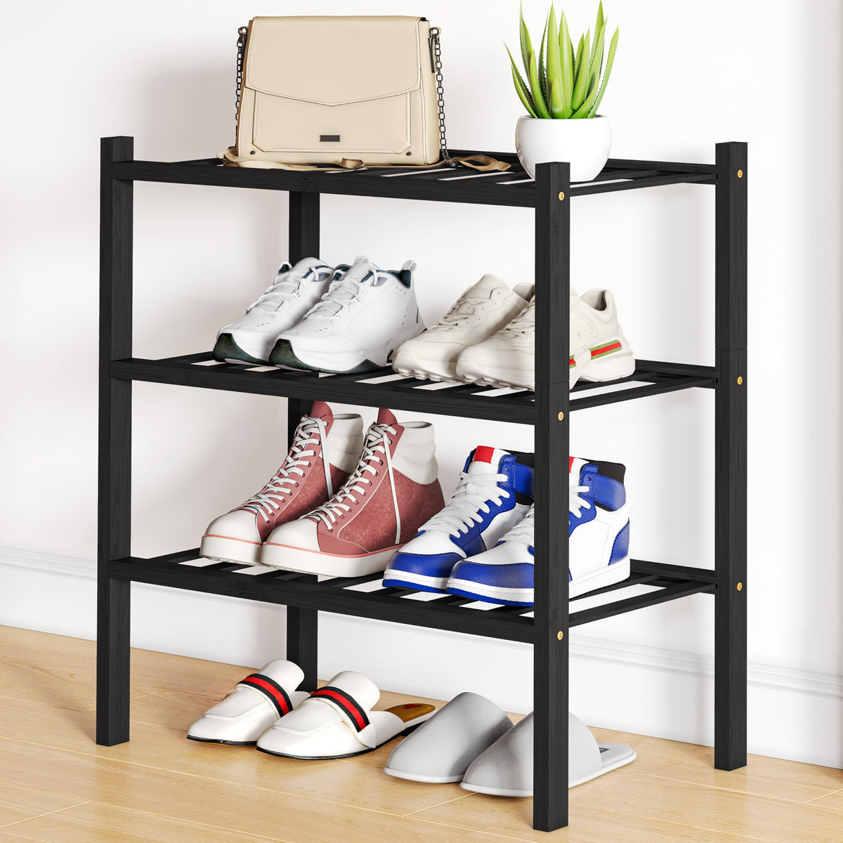 Smiry Bamboo Shoe Rack, 12 Vertical Slats, 3 Tier - 26.8" Wide, Natural