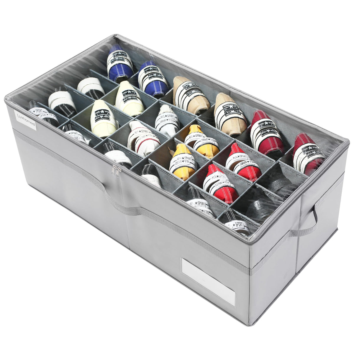 LUVHOMEE Shoe Organizer for Closet, Fits 16 Pairs, Large Shoe Box Storage Containers, Clear Foldable Shoe Storage Bins w/Bottom Support, Space Saving Shoes Holder w/Reinforced Handles, Gray