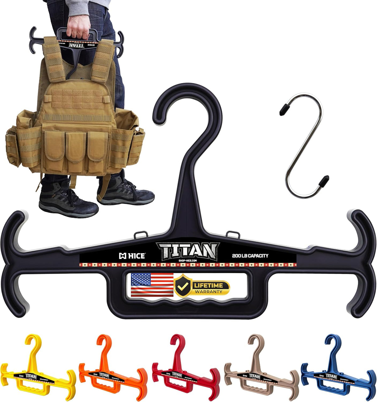 HICE - Titan Vest Hanger | Original Heavy Duty Plate Carrier & Body Armor Hanger | 200 lb Load Capacity | Durable High Impact Resin | for Police, Military, Scuba & Tactical Gear (Black)