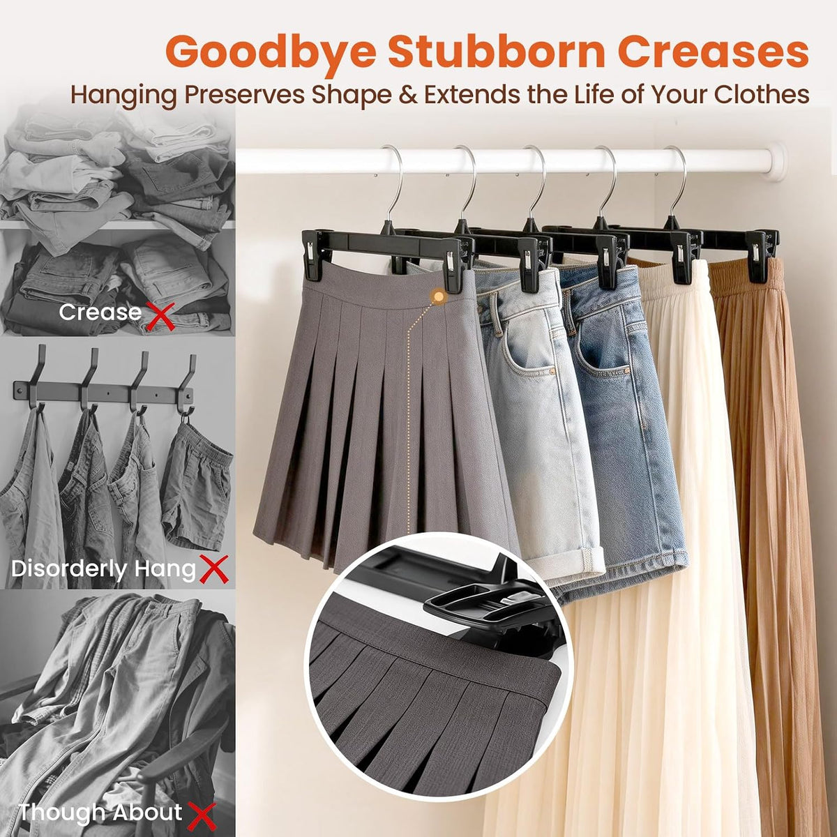 HOUSE DAY Black Pants Hangers with Clips 50 Pack, 12 Inch Skirt Hangers