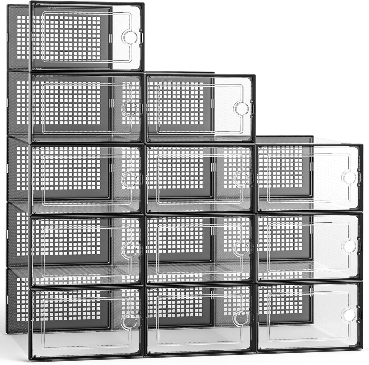 Kuject 12 Pack Large Shoe Boxes, Clear Stackable Containers with Lids,Black