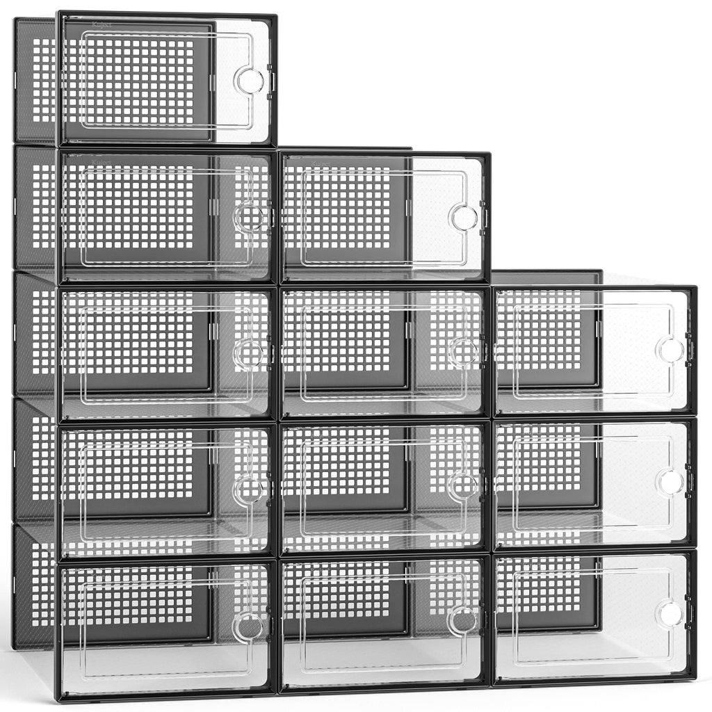 Kuject 12 Pack Large Shoe Boxes, Clear Stackable Containers with Lids,Black