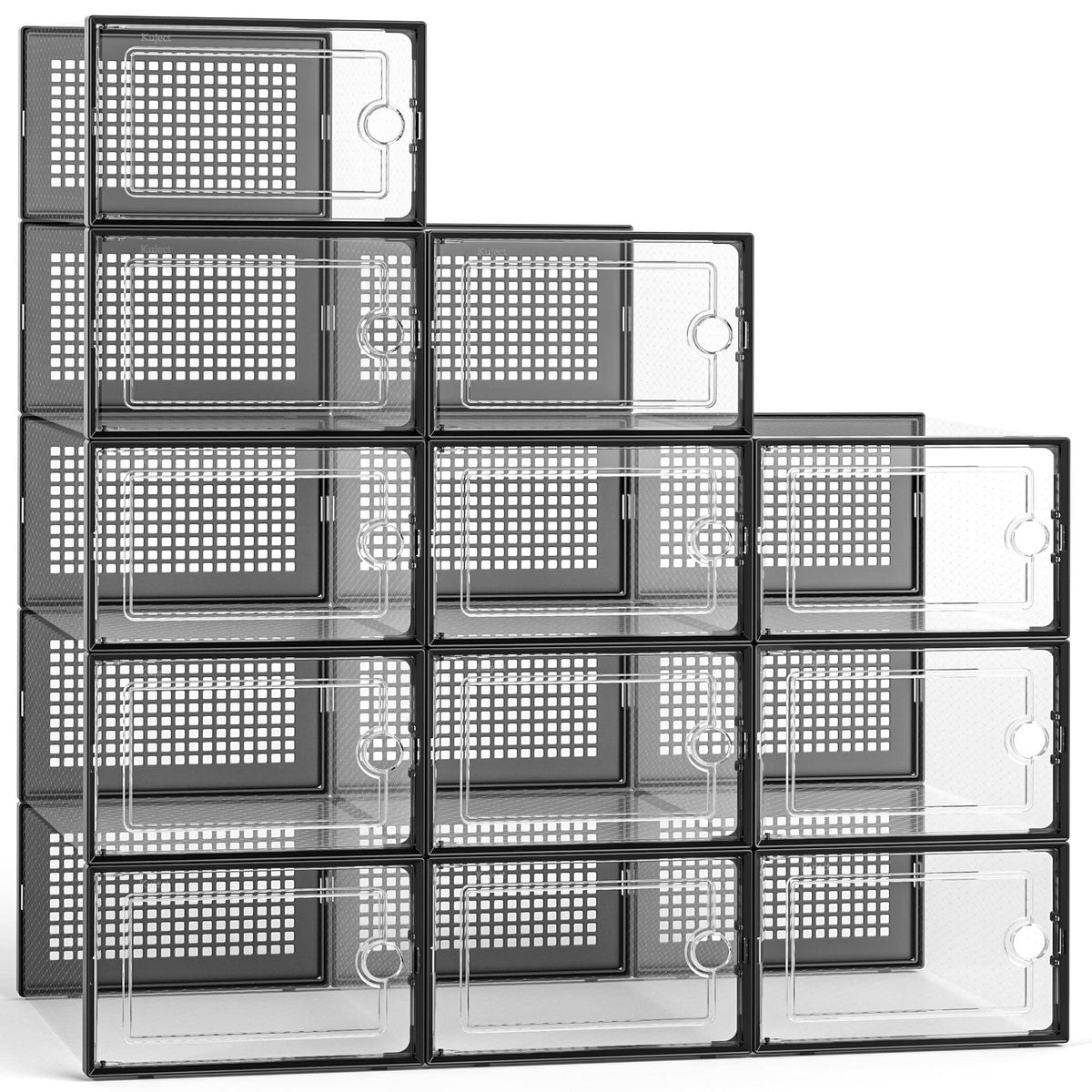 Kuject 12 Pack Large Shoe Boxes, Clear Stackable Containers with Lids,Black