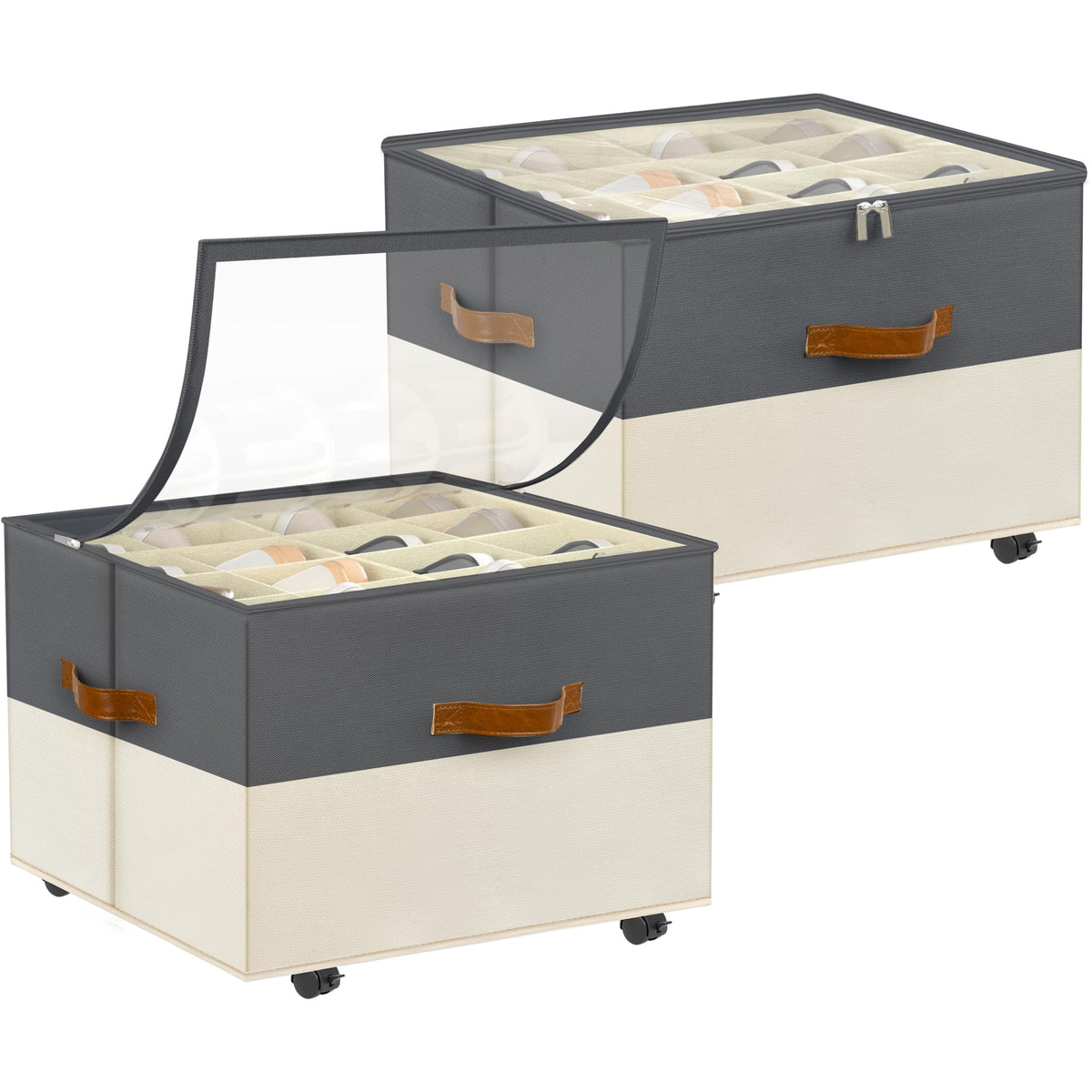Foyego 2 Pack Shoe Organizer for Closet, Shoe Storage with Wheels, Beige