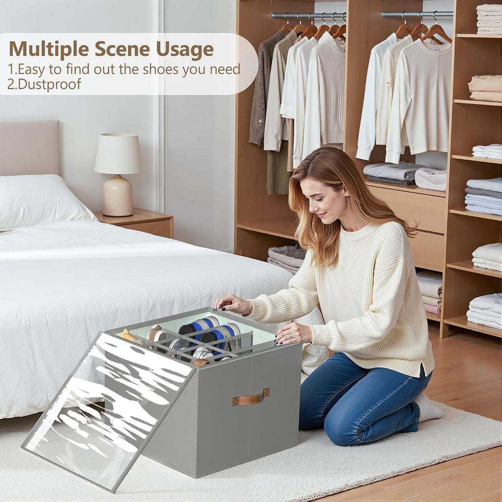 Vincona Shoe Organizer for Closet, 2 Pack Foldable Shoe Storage Bins with Clear Cover & Handles, 16-Compartment Shoe Box for Sneakers, Heels, Boots, Space-Saving Shoe Rack for Entryway, Dorm, RV