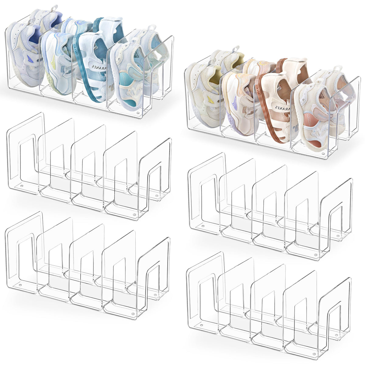 HBlife Clear Acrylic Kids Shoe Rack for Closet Organizers and Storage, Small Shoe Rack 4 Sections Toddler Baby Shoe Storage Organizer Stackable Shoe Shelf,Desk File Sorter Book Purse Organizer(2 Pack)